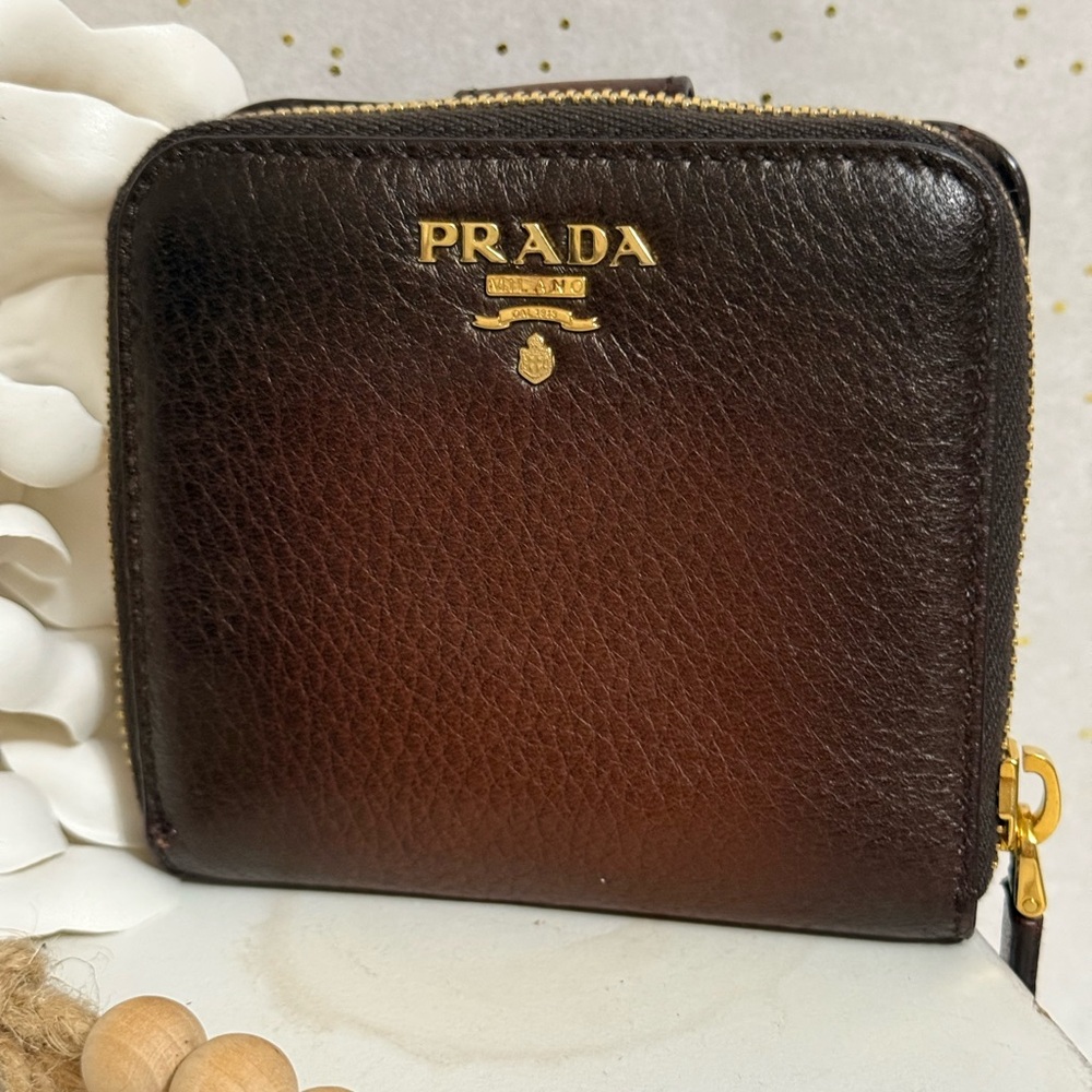 Vintage Prada Dark Brown Leather Wallet with Gold Logo